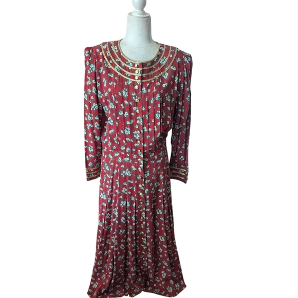 Vtg Plaza South Button Down Milkmaid Prairie Red Ditsy Floral Gold Trim Dress L - Picture 5 of 13